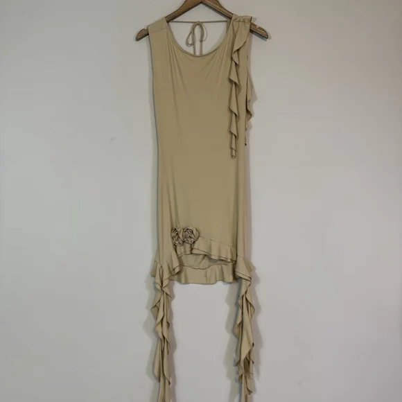 LIONESS Opulence Mini Dress Open Back Side Ruffle Draping Champagne Beige XL - Picture 5 of 10